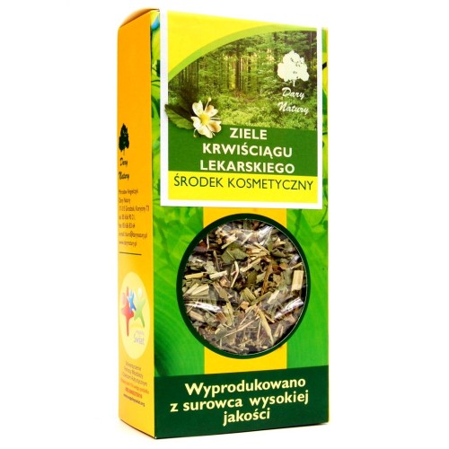Pudełko z Krwiściąg lekarski ziele 50 g Dary Natury – naturalne suszone ziele do stosowania zewnętrznego, kąpieli, okładów, płukanie gardła.