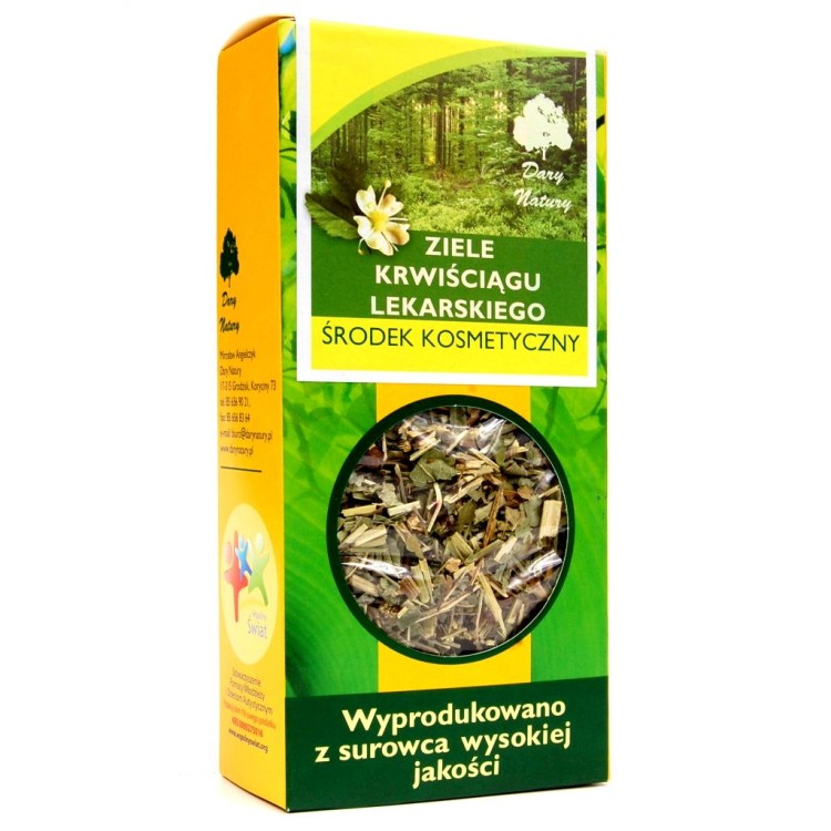 Pudełko z Krwiściąg lekarski ziele 50 g Dary Natury – naturalne suszone ziele do stosowania zewnętrznego, kąpieli, okładów, płukanie gardła.
