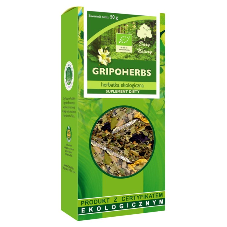 Herbatka Gripoherbs BIO 50 g – ekologiczna mieszanka ziół i owoców Dary Natury, aromatyczny napar, rozgrzewający, wspierający odporność.
