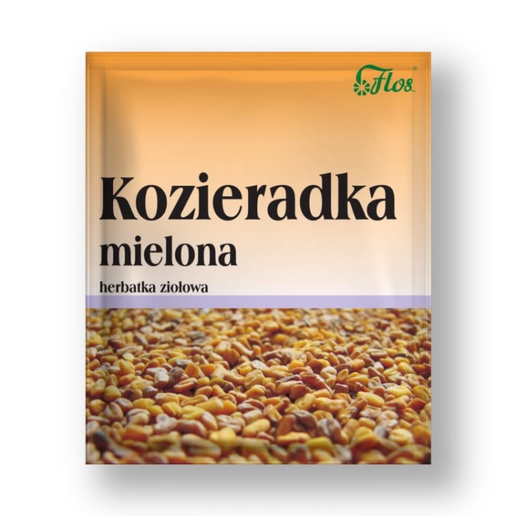 Kozieradka mielona 50 g Flos – naturalna przyprawa i tradycyjny surowiec zielarski pomocny w cukrzycy i stanach zapalnych układu pokarmowego w opakowaniu papierowym.