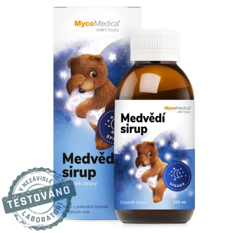 Syrop Niedźwiedzi 200 ml MycoMedica – naturalny syrop z ekstraktami roślinnymi i grzybowymi w butelce z miarką. Wspomaga spokój dziecka.