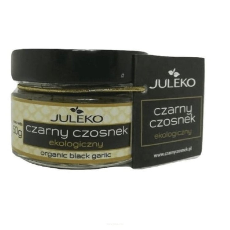 Słoik z Czarnym czosnkiem BIO Juleko 50 g – ekologiczny czosnek fermentowany, wspiera odporność, bogactwo witamin.