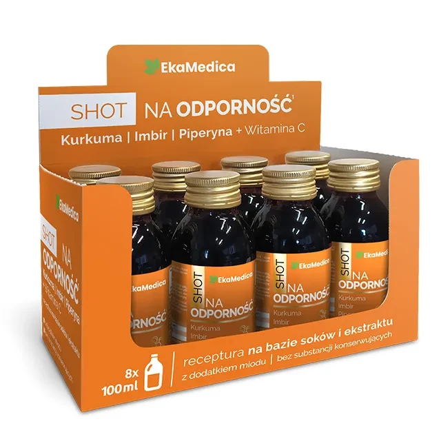 EkaMedica Shot Na odporność 100 ml – wsparcie odporności, bez cukru i konserwantów. Dzienna porcja zawiera kurkumę, piperynę, imbir i witaminę C.