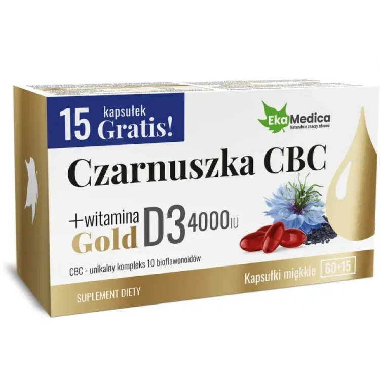 Czarnuszka CBC Gold + witamina D3 4000IU EkaMedica – suplement diety 75 kapsułek. Naturalne wsparcie odporności, kości i mięśni, wsparcie w alergii.