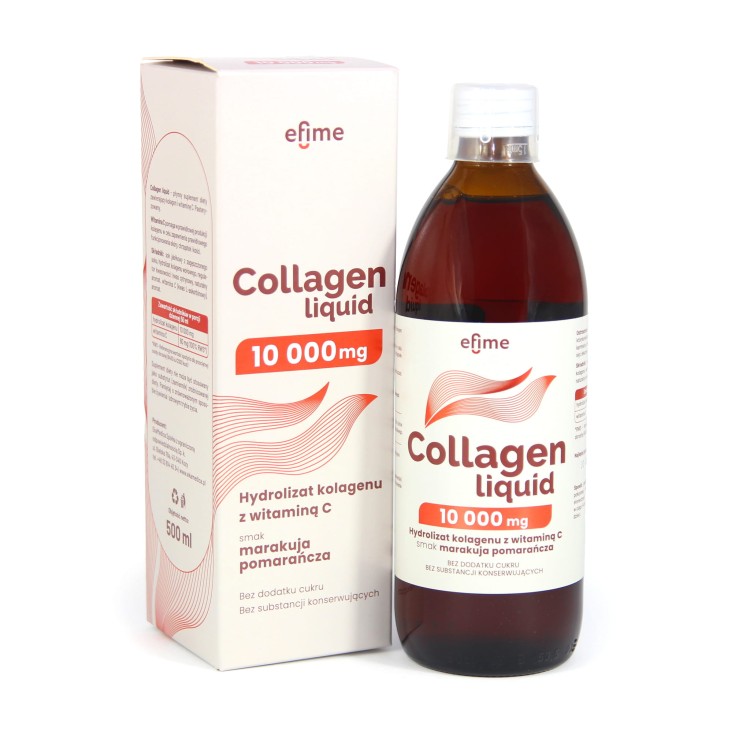 Butelka Collagen Liquid 10 000 mg Efime – kolagen z witaminą C, 500 ml. wysoka dawka kolagenu, bez konserwantów i cukru.