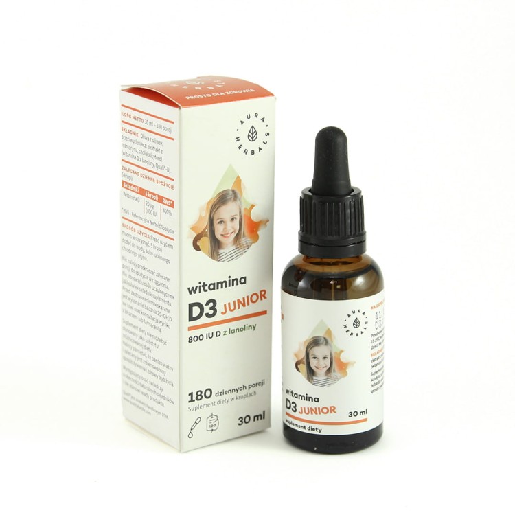 Butelka Aura Herbals Witamina D3 Junior 30 ml (800UI) z zakraplaczem – naturalna witamina D3 w kroplach dla dzieci 4-12 lat, wspiera zdrowie kości, zębów i odporność, 200% dziennego zapotrzebowania w porcji.