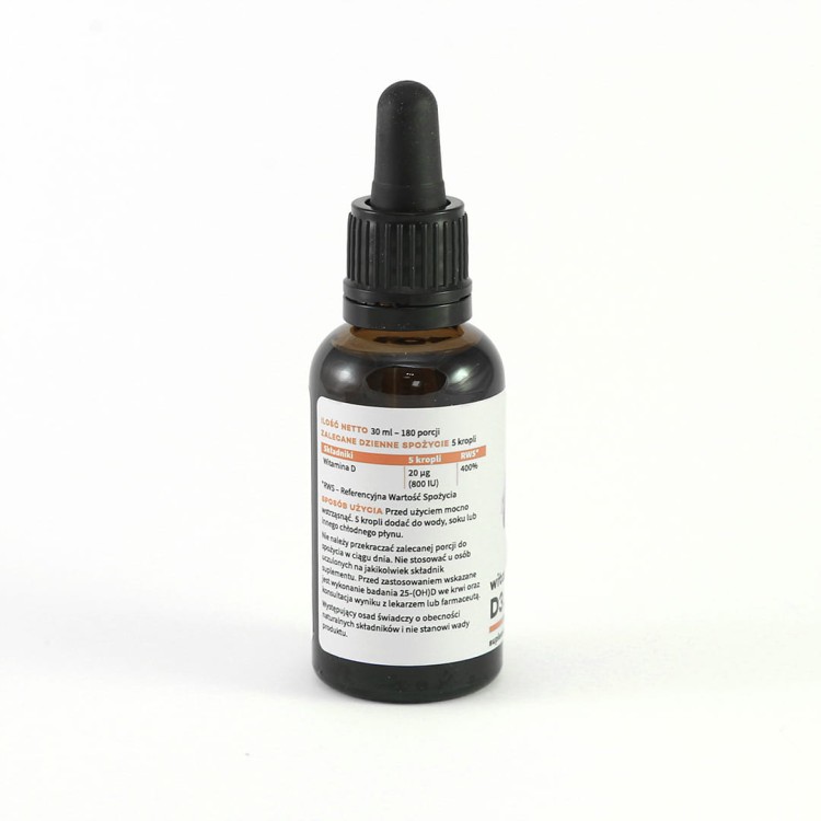 Butelka Aura Herbals Witamina D3 Junior 30 ml z zakraplaczem – naturalna witamina D3 (800 UI) w kroplach dla dzieci 4-12 lat, wspiera zdrowie kości, zębów i odporność, 200% dziennego zapotrzebowania w porcji.