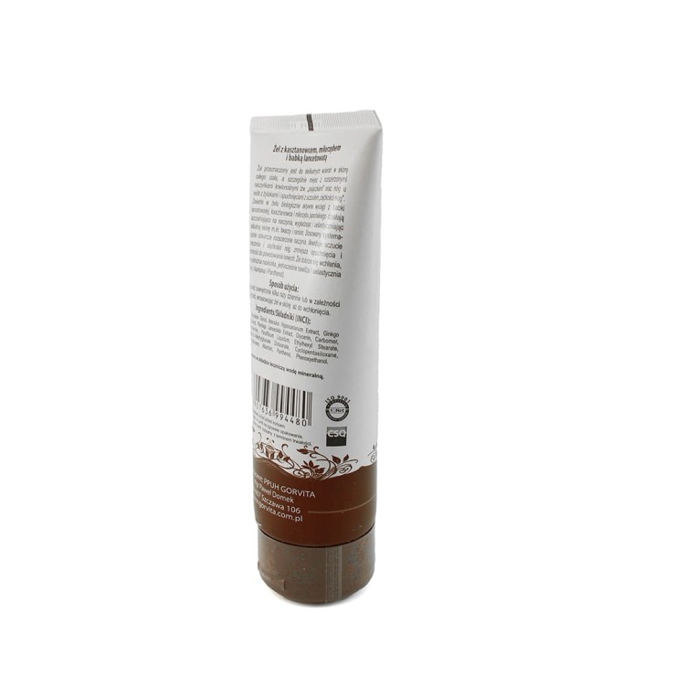 Tuba 200 ml żelu Gorvita z ekstraktami kasztanowca, miłorzębu i babki lancetowatej, wspierającego mikrokrążenie, redukującego uczucie ciężkości nóg oraz łagodzącego  i uelastyczniającego skórę.