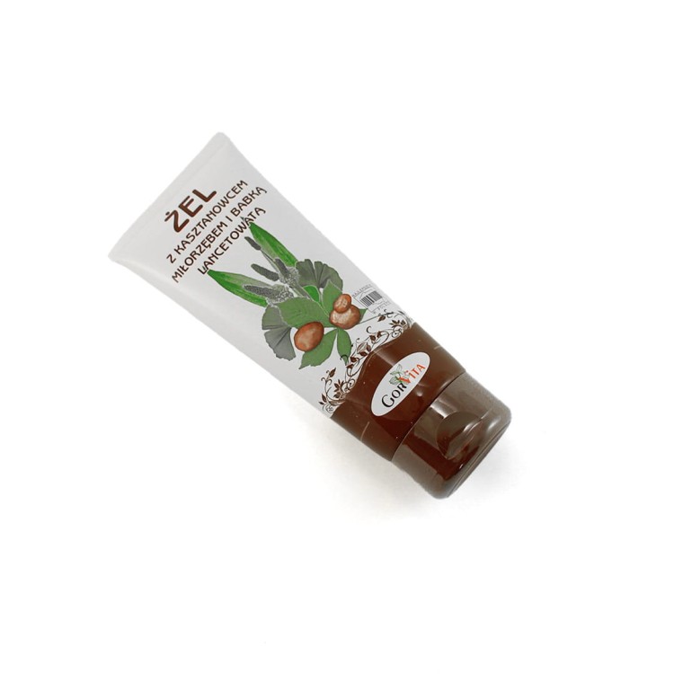 Tuba 200 ml żelu Gorvita z ekstraktami kasztanowca, miłorzębu i babki lancetowatej, wspierającego mikrokrążenie, redukującego uczucie ciężkości nóg oraz łagodzącego  i uelastyczniającego skórę.