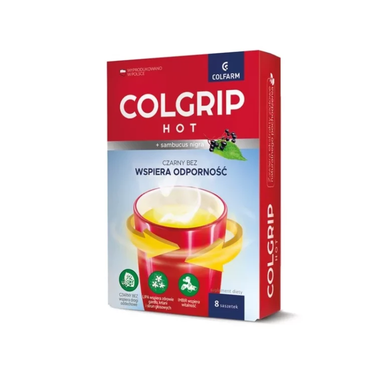 Opakowanie produktu Colgrip Hot 8 saszetek Colfarm – suplement diety z witaminą C, cynkiem i ekstraktami z lipy, czarnego bzu i imbiru wspierający odporność, rozgrzewający.