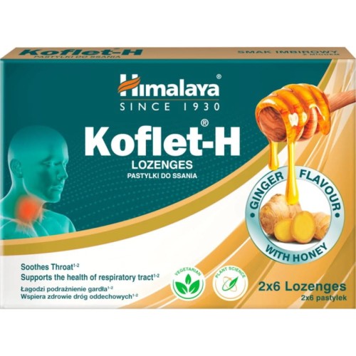 Opakowanie produktu Koflet-H Imbir Himalaya 12 tabl– tabletki do ssania z imbirem, miodem i ekstraktami ziołowymi wspierające gardło i komfort oddychania