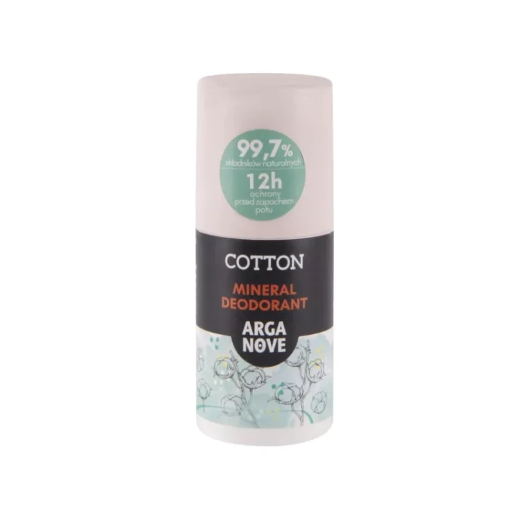 Dezodorant Mineralny Roll-on Arganove Cotton 50 ml – naturalny, hipoalergiczny, z olejem arganowym i ałunem, zapewniający świeżość i komfort skóry, delikatny, świeży zapach.