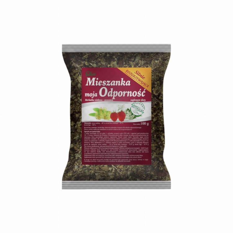 Mieszanka ziołowa Moja Odporność FLOS 100g – naturalne wsparcie odporności, kwiat lipy, bez czarny i owoc maliny.