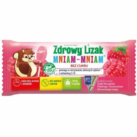 Zdrowy lizak Mniam-Mniam malina Starpharma – suplement diety bez cukru z ksylitolem, witaminą C i D