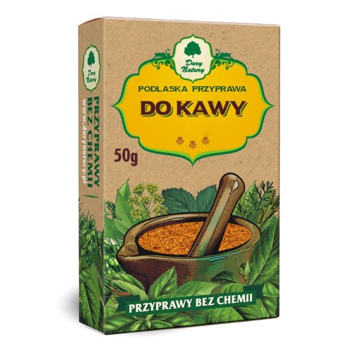 Opakowanie przyprawy do kawy Dary Natury 50 g – mieszanka cynamonu, imbiru, kardamonu, kuklika i goździków. Można użyć do kawy, ciasta, grzańca, kompotów.