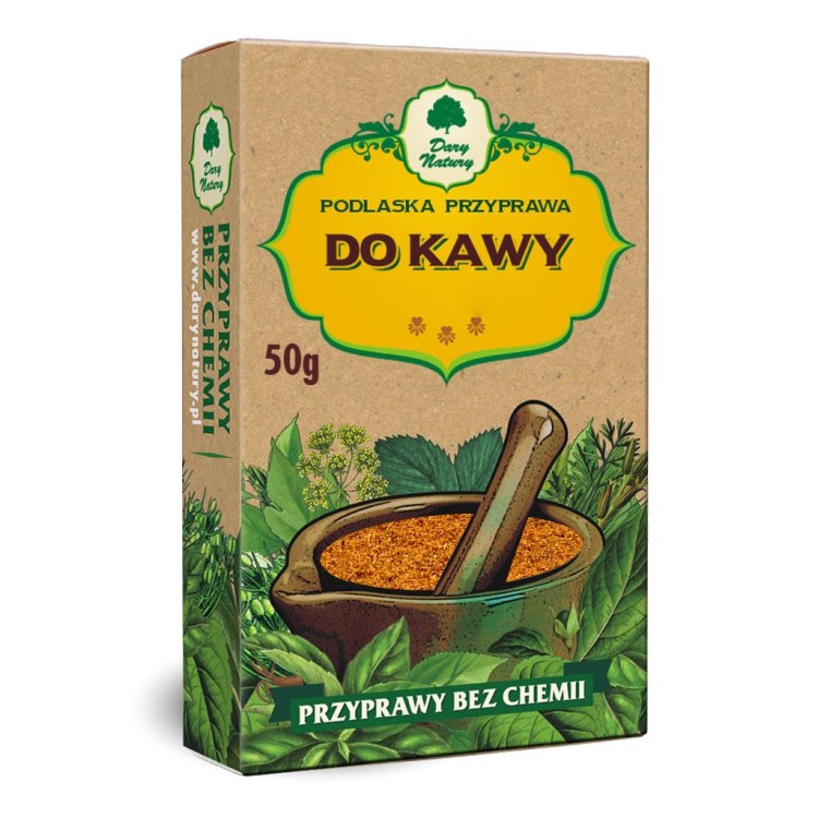 Opakowanie przyprawy do kawy Dary Natury 50 g – mieszanka cynamonu, imbiru, kardamonu, kuklika i goździków. Można użyć do kawy, ciasta, grzańca, kompotów.