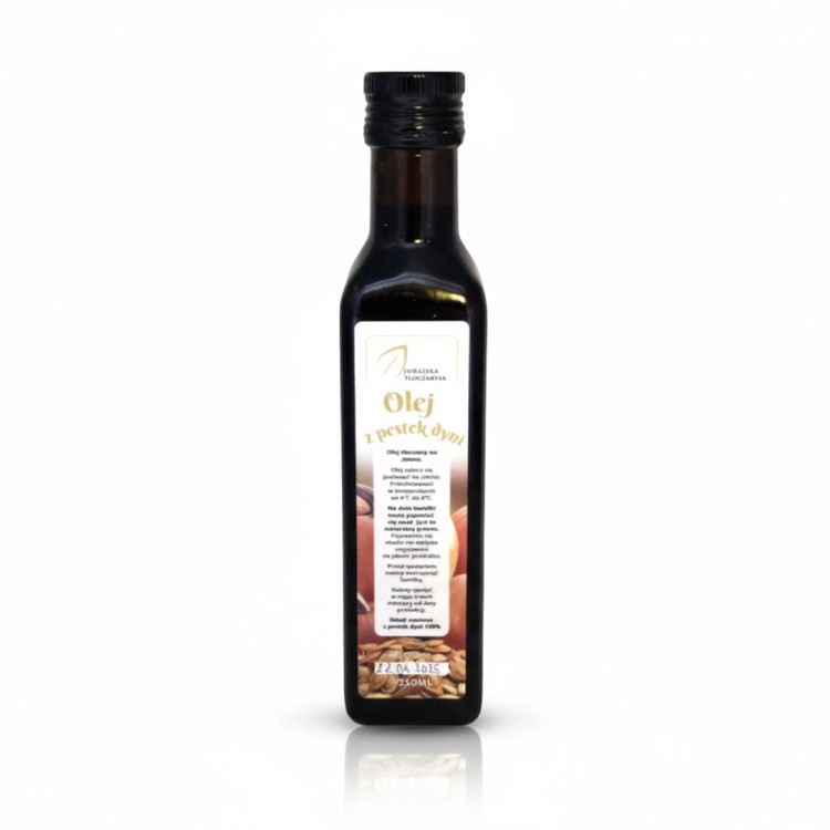 Olej z pestek dyni , zimnotłoczony w szklanej, ciemnej butelce 250 ml. Olej wspomaga pozbyć się pasożytów z organizmu, wspiera układ krążenia, odporność, układ nerwowy.
