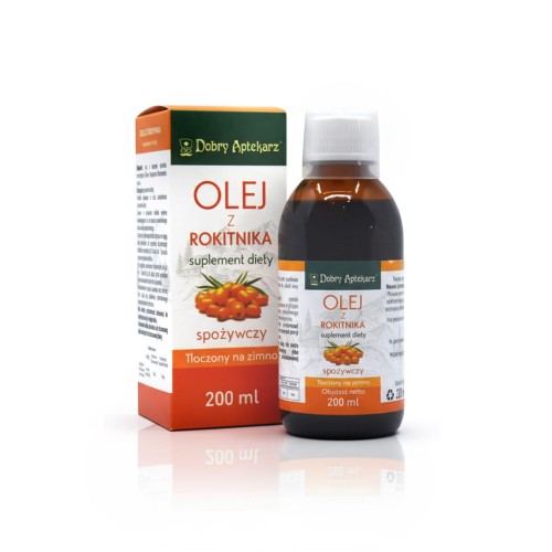 Butelka oleju z rokitnika syberyjskiego DOBRY APTEKARZ 200 ml – naturalny produkt z karotenoidami i witaminami. Nna etykiecie świeże owoce rokitnika.