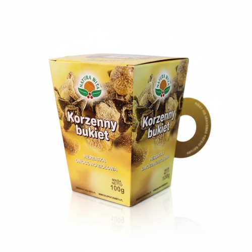 Kartonowe opakowanie w kształcie kubka Herbatki Korzenny Bukiet NATURA-WITA 100 g – naturalna mieszanka z jabłkiem, dziką różą, imbirem i goździkami w pudełku.