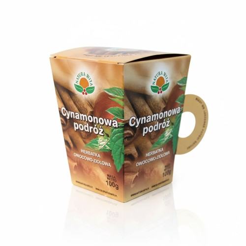 Papierowe pudełko w kształcie kubka Herbatka Cynamonowa Podróż NATURA-WITA 100 g – mieszanka z jabłkiem, cynamonem i miętą, naturalna i aromatyczna