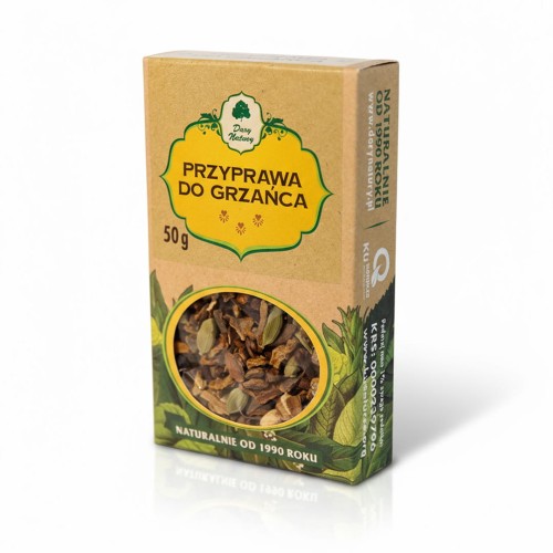 Przyprawa do Grzańca Dary Natury 50 g – ekologiczna mieszanka cynamonu, goździków, imbiru i pomarańczy w opakowaniu papierowym.