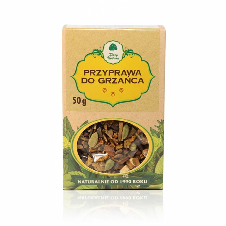 Przyprawa do Grzańca Dary Natury 50 g – ekologiczna mieszanka cynamonu, goździków, imbiru i pomarańczy w opakowaniu papierowym.