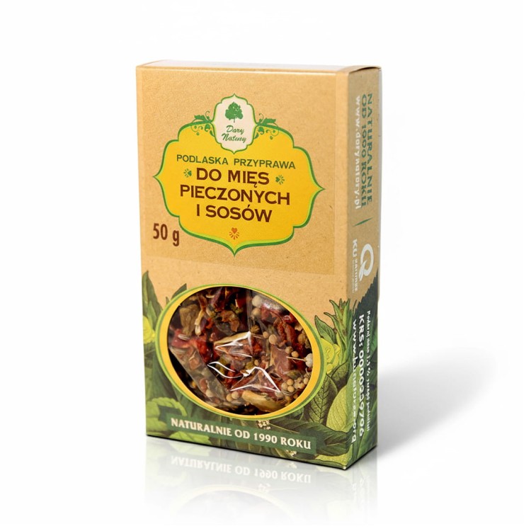 papierowy kartonik z Przyprawa do mięs pieczonych Dary Natury 50g – naturalna mieszanka ziół i przypraw bez glutenu. Sprawdzi się do marynat, sosów. Bez soli.