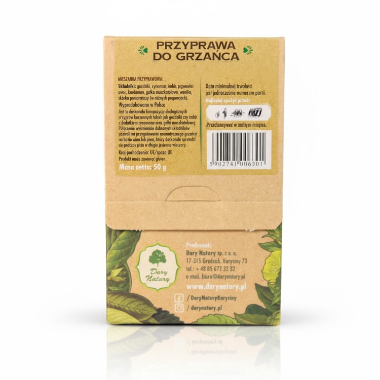 Przyprawa do Grzańca Dary Natury 50 g – ekologiczna mieszanka cynamonu, goździków, imbiru i pomarańczy w opakowaniu papierowym.