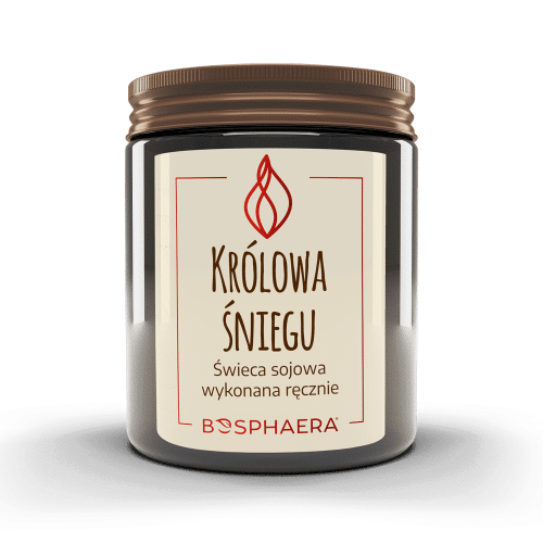 Sojowa świeca zapachowa Królowa Śniegu od Bosphaera w ciemnym szkle, aromat wanilii i mięty, ekologiczny wosk sojowy, zimowy klimat w domu
