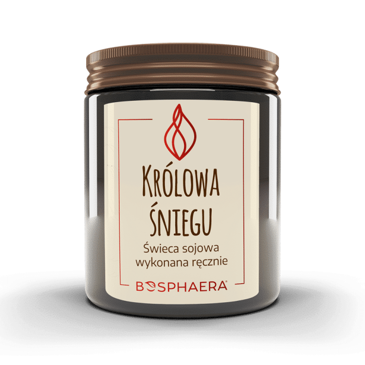 Sojowa świeca zapachowa Królowa Śniegu od Bosphaera w ciemnym szkle, aromat wanilii i mięty, ekologiczny wosk sojowy, zimowy klimat w domu