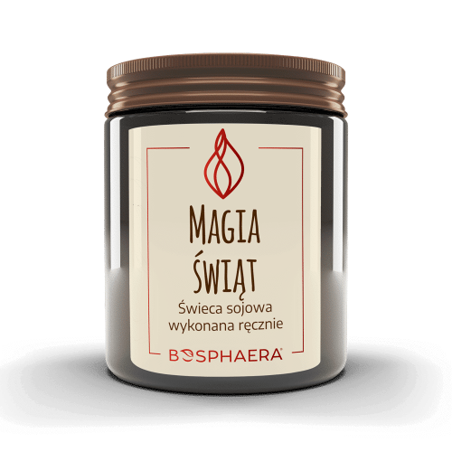 Sojowa świeca zapachowa Magia Świąt 190 g od Bosphaera, aromat pomarańczy, cynamonu i goździków, naturalny wosk sojowy, drewniany knot, świąteczny klimat w domu.