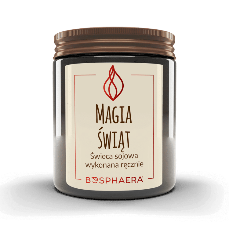 Sojowa świeca zapachowa Magia Świąt 190 g od Bosphaera, aromat pomarańczy, cynamonu i goździków, naturalny wosk sojowy, drewniany knot, świąteczny klimat w domu.