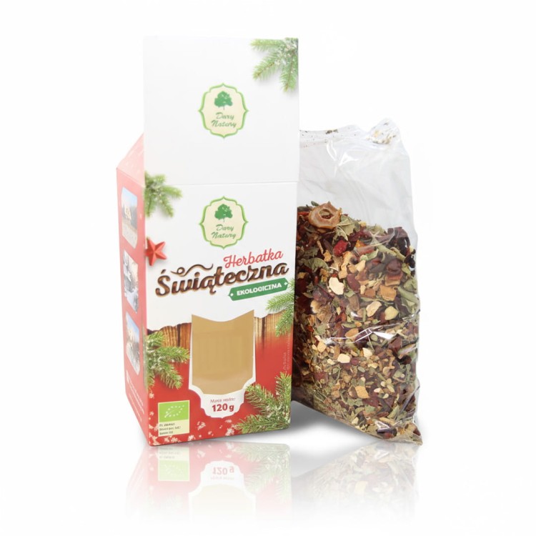 Ekologiczna herbatka świąteczna Dary Natury 120 g – aromatyczna mieszanka ziół i owoców o korzennym smaku, idealna na zimowe wieczory.