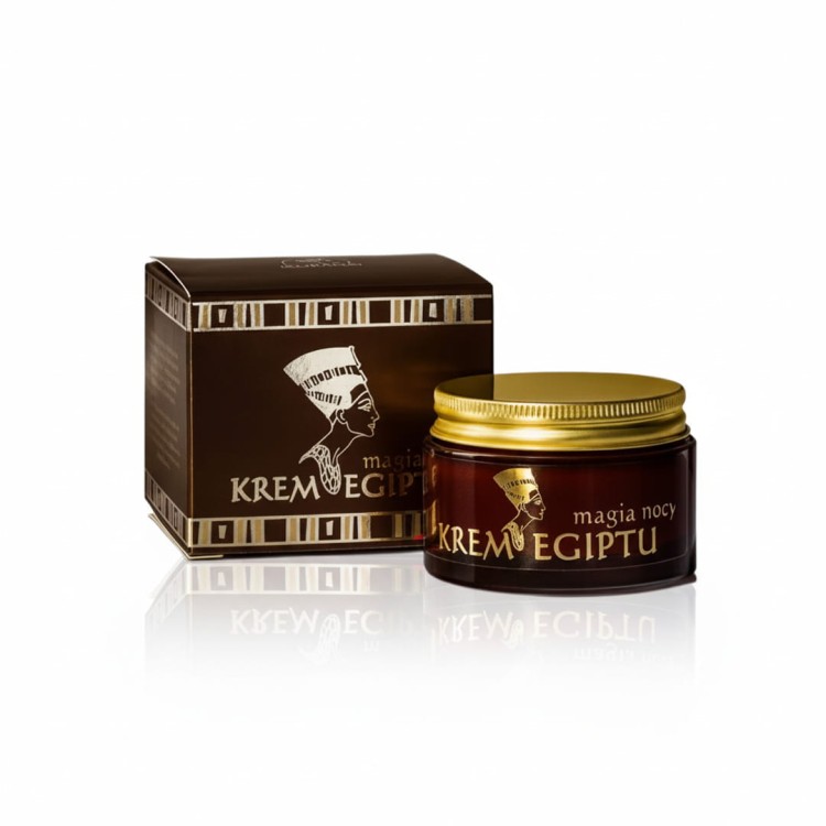 Kartonowe pudełko i szklany słoik  Kremu Egiptu Magia Nocy 50 ml od Korana – naturalny krem na noc z olejem z awokado, woskiem pszczelim i ekstraktem z lotosu.