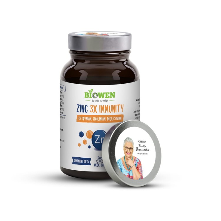Cynk Zinc 3X-Immunity-Biowen suplement diety z cynkiem w trzech formach cytrynian, pikolinian,diglicynian,100 kapsulek, weganski, wspiera wlosy, skore i paznokcie