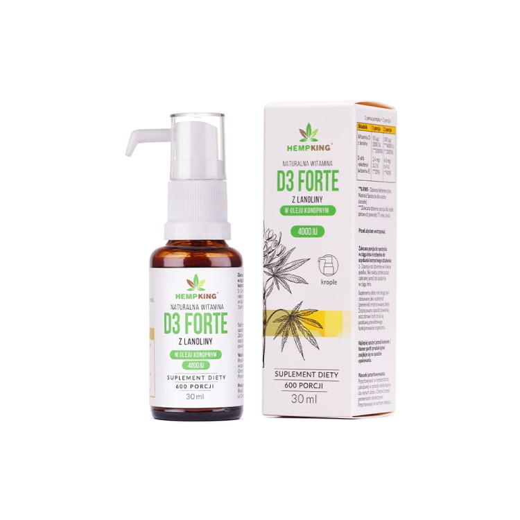 „Witamina D3 Forte 30 ml marki HempKing w BIO oleju konopnym, suplement diety w butelce z pompką obok opakowania kartonowego, 4000 IU, 600 porcji, naturalna witamina D3 z lanoliny wspierająca odporność, kości i mięśnie.”