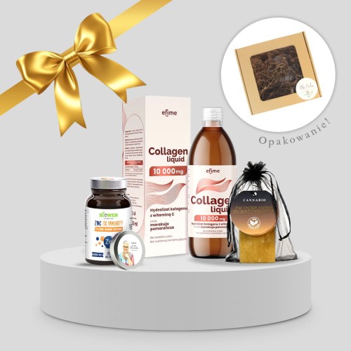 Świąteczny zestaw prezentowy: kolagen Efime Collagen Liquid 10 000 mg, suplement Blovem Zinc 3x Immunity oraz bursztynowe mydło Cantabio w czarnym woreczku, zapakowane w ozdobne pudełko z okienkiem.