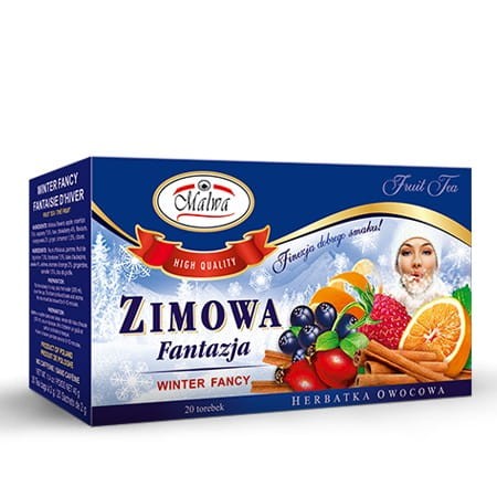 Pudełko  z  torebkami Herbatki owocowo-korzennej Zimowa Fantazja Malwa 25×2 g z hibiskusem, maliną i przyprawami. Może być bazą do świątecznych herbat.