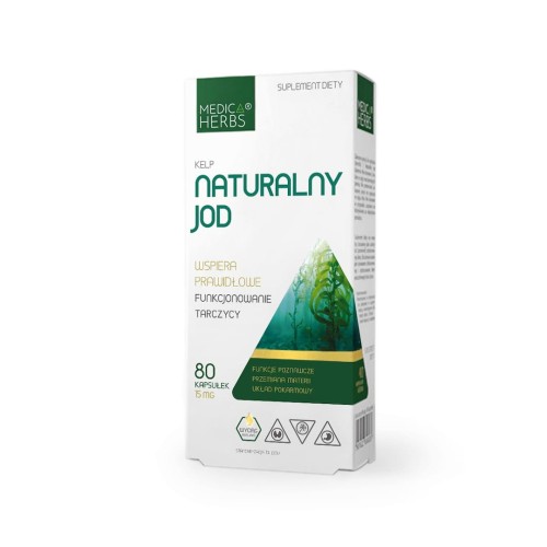 Przód opakowania Naturalny Jod Medica Herbs – 80 kapsułek, ekstrakt z kelpu Laminaria japonica, wspiera tarczycę, funkcje poznawcze, metabolizm.
