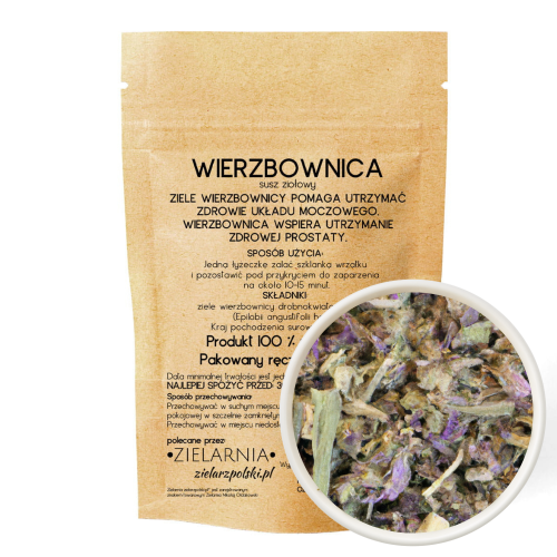 Papierowe opakowanie wierzbownicy drobnokwiatowej – suszone ziele 50 g. Wsparcie dla zdrowia prostaty, układu hormonalnego i moczowego.