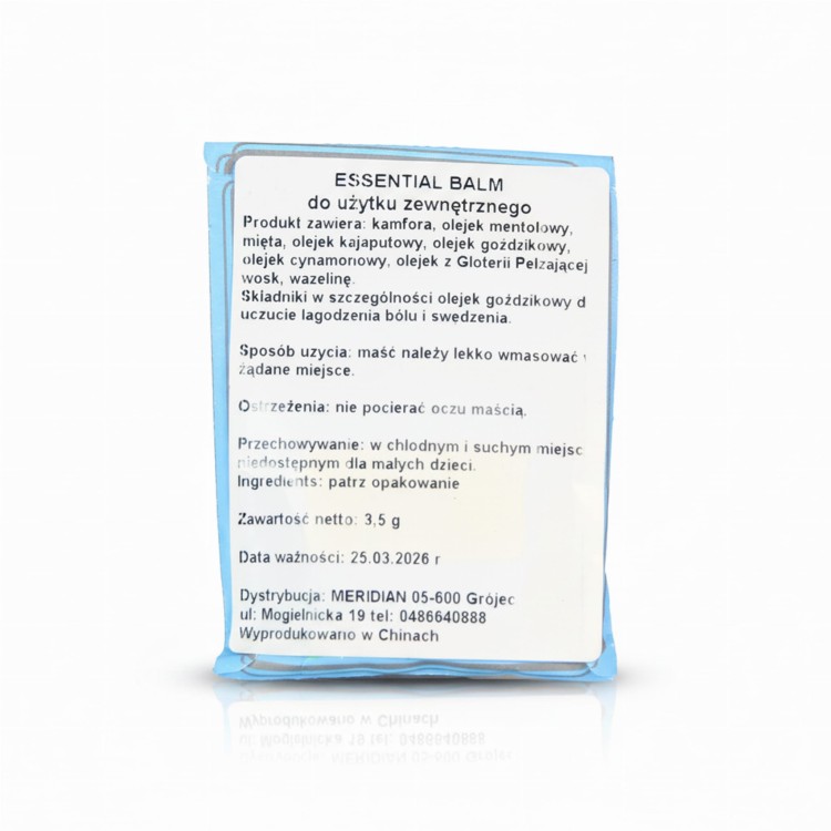 Okrągłe pudełko z Maścią tygrysią Essential Balm Temple 3,5g –  chłodząco-rozgrzewająca z mentolem, kamforą, olejkiem miętowym i goździkowym, łagodzący ból mięśni, głowy, stawów oraz ukąszenia owadów, idealna do torebki, szybkie i skuteczne działanie.