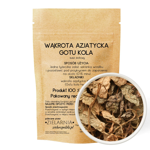 Wąkrotka azjatycka Gotu Kola – suszone ziele cięte w opakowaniu zbliżenie na naturalny surowiec Zielarzpolski