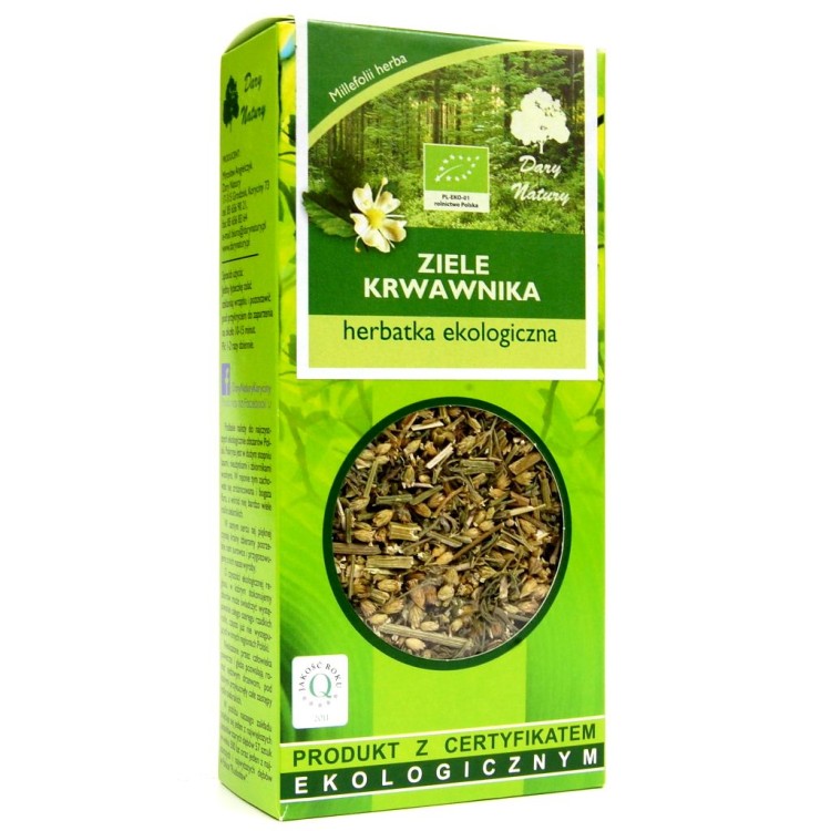 Opakowanie ekologicznej herbatki ziołowej „Ziele krwawnika” marki Dary Natury o gramaturze 50g. Biało-zielony kartonik z okienkiem ukazującym suszone ziele, ozdobiony grafiką lasu i kwiatu krwawnika, opatrzony certyfikatem rolnictwa ekologicznego