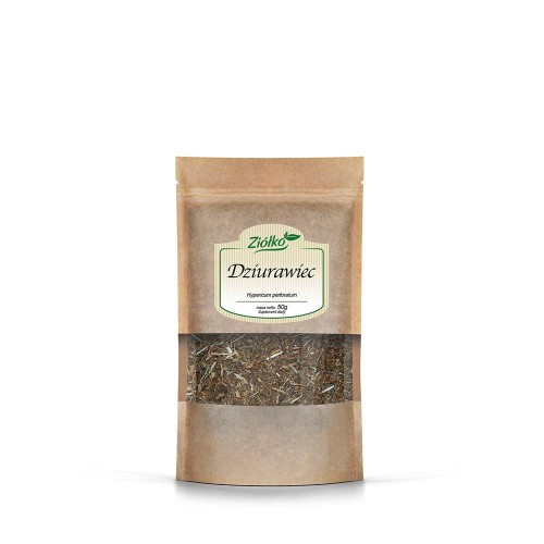 Opakowanie suszonego ziela dziurawca (Hypericum perforatum) marki Ziółko o masie 50 g. Papierowa torba z okienkiem pokazującym wysokiej jakości susz roślinny, gotowy do przygotowania naparu lub nalewki.