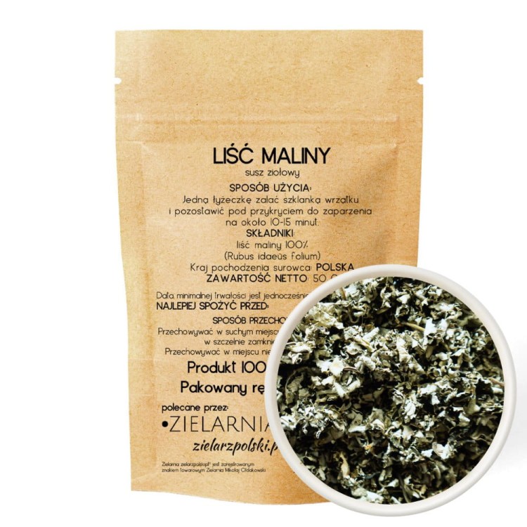 papierowe opakowanie ciętego liścia maliny 50 g od ZIELARZAPOLSKIEGO. Zawiera witaminy (A, C, E, z grupy B), flawonoidy i garbniki. Doskonale sprawdzają się jako samodzielny napar lub składnik mieszanek ziołowych.