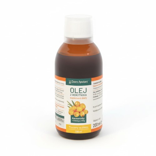 DOBRY APTEKARZ olej z rokitnika butelka z ciemnego szkła 200 ml. Wsparcie odporności u układu trawienia.