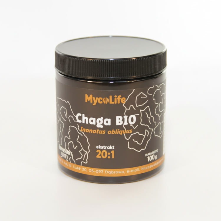 Opakowanie Chaga BIO 100 g  błyskoporek podkorowy– ekstrakt z grzybów Inonotus obliquus marki MycoLife.  Naturalne wsparcie odporności, trawienia i skóry.