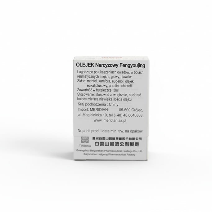 Butelka olejku narcyzowego Fengyoujing (MERIDIAN) 3 ml – naturalny preparat łagodzący bóle mięśni, głowy i stawów, odstraszający meszki i komary, z olejkami miętowym, kamforowym, eukaliptusowym.
