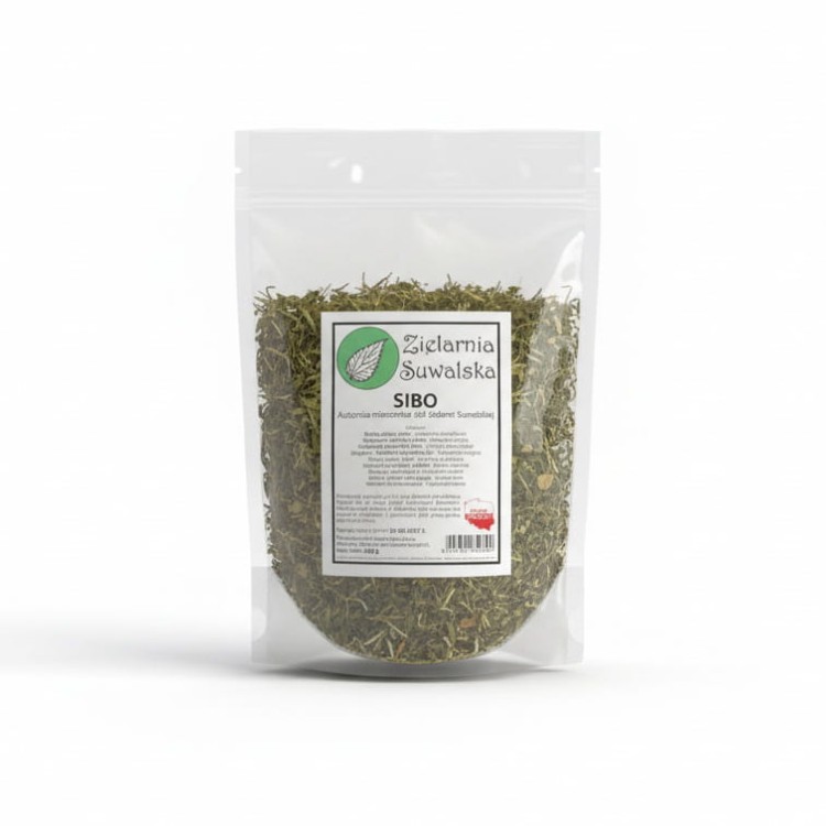 Mieszanka ziół Sibo 250g od Zielarni Suwalskiej – bylica, tymianek, krwawnik, oregano, skrzyp, czosnek, berberys, kminek, lukrecja, pięciornik i melisa.