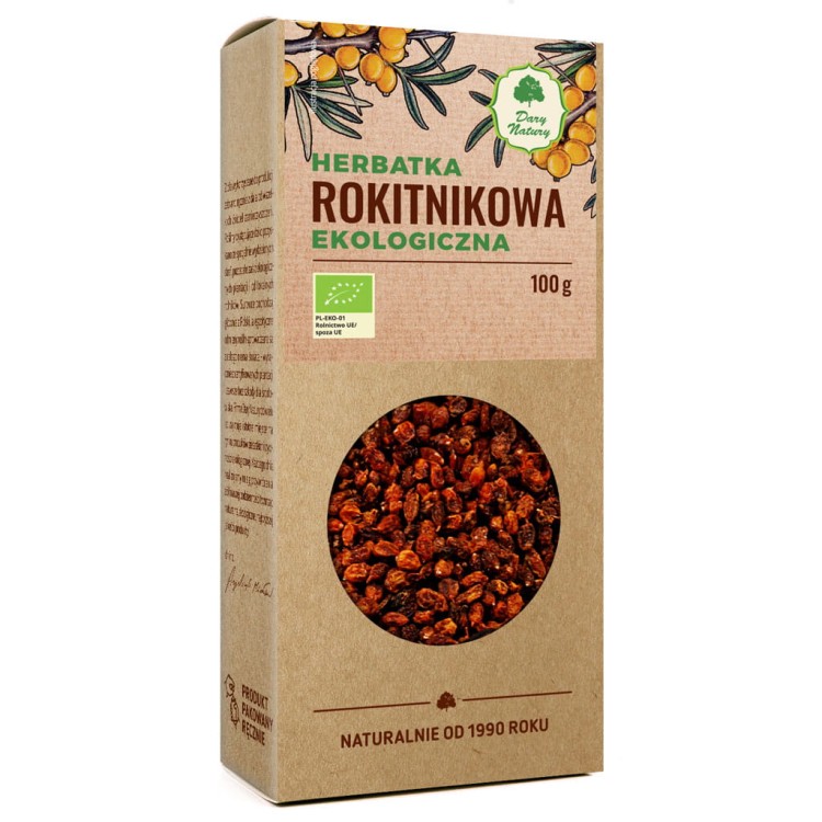 Ekologiczna herbatka rokitnikowa Dary Natury 100 g – suszone owoce rokitnika w opakowaniu kartonowym